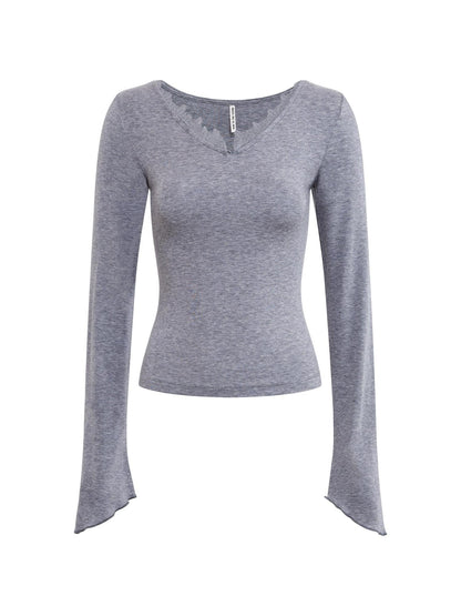 RUN TO THE FUTURE Lyocell Wool Moisture Wicking Slim V-neck Lace Trim Women Long Sleeve T-Shirts