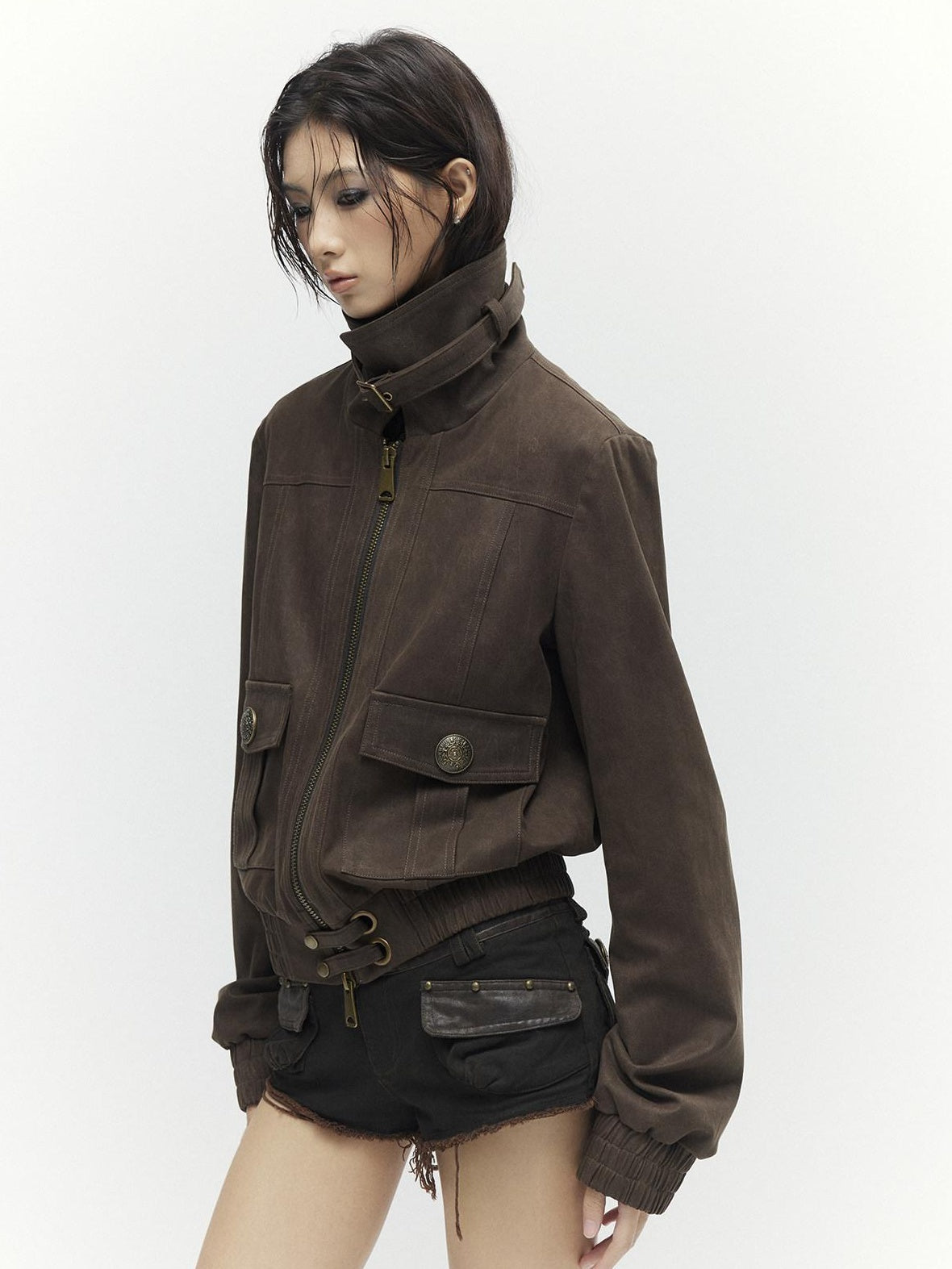 Low pixel Metal Trim Vintage Standard Womens Brown Zip Lapel Cropped Jackets