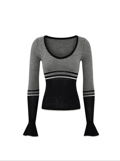 Low pixel Soft Acrylic Slim V-neck Striped Casual Women Everyday Long Sleeve T-Shirts