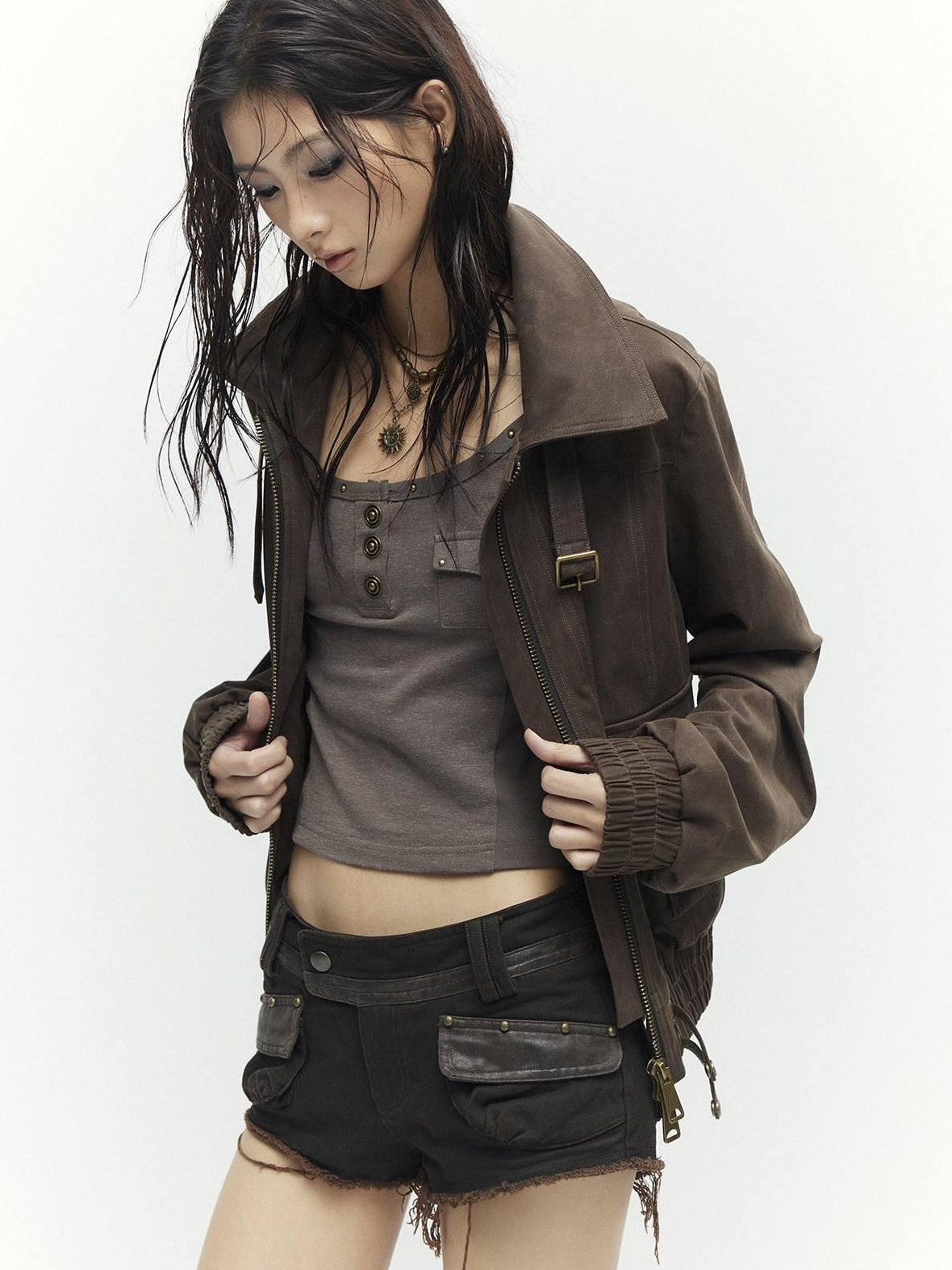 Low pixel Metal Trim Vintage Standard Womens Brown Zip Lapel Cropped Jackets