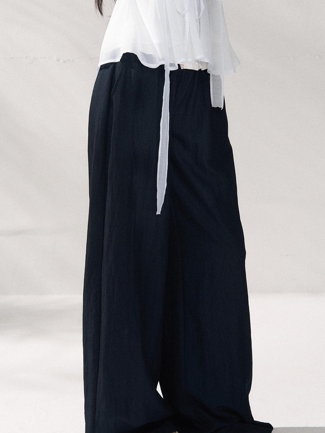 7Shiftin Nylon Cotton Blend Relaxed Natural Waist Women Solid Navy Wide Leg Pants