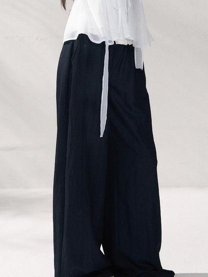 7Shiftin Nylon Cotton Blend Relaxed Natural Waist Women Solid Navy Wide Leg Pants