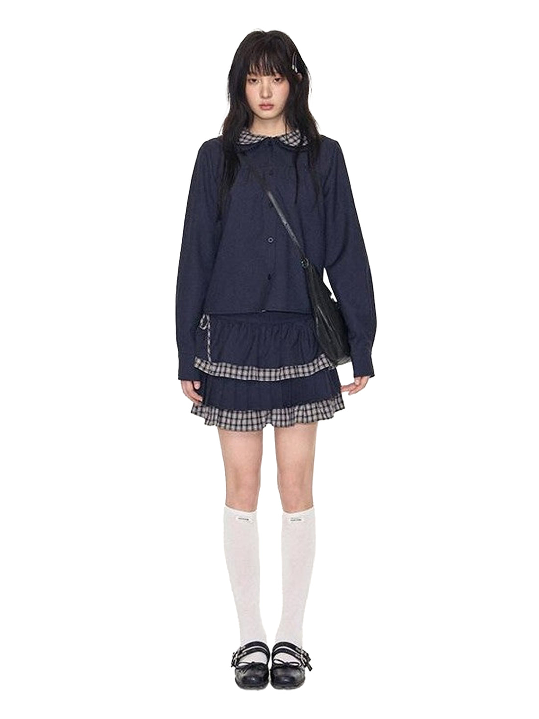 NAPSNAPS Navy Plaid Patchwork Doll Collar Faux Two Piece Women&
