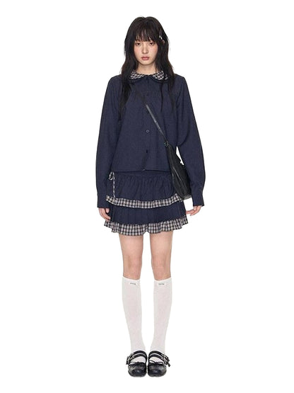 NAPSNAPS Navy Plaid Patchwork Doll Collar Faux Two Piece Women&