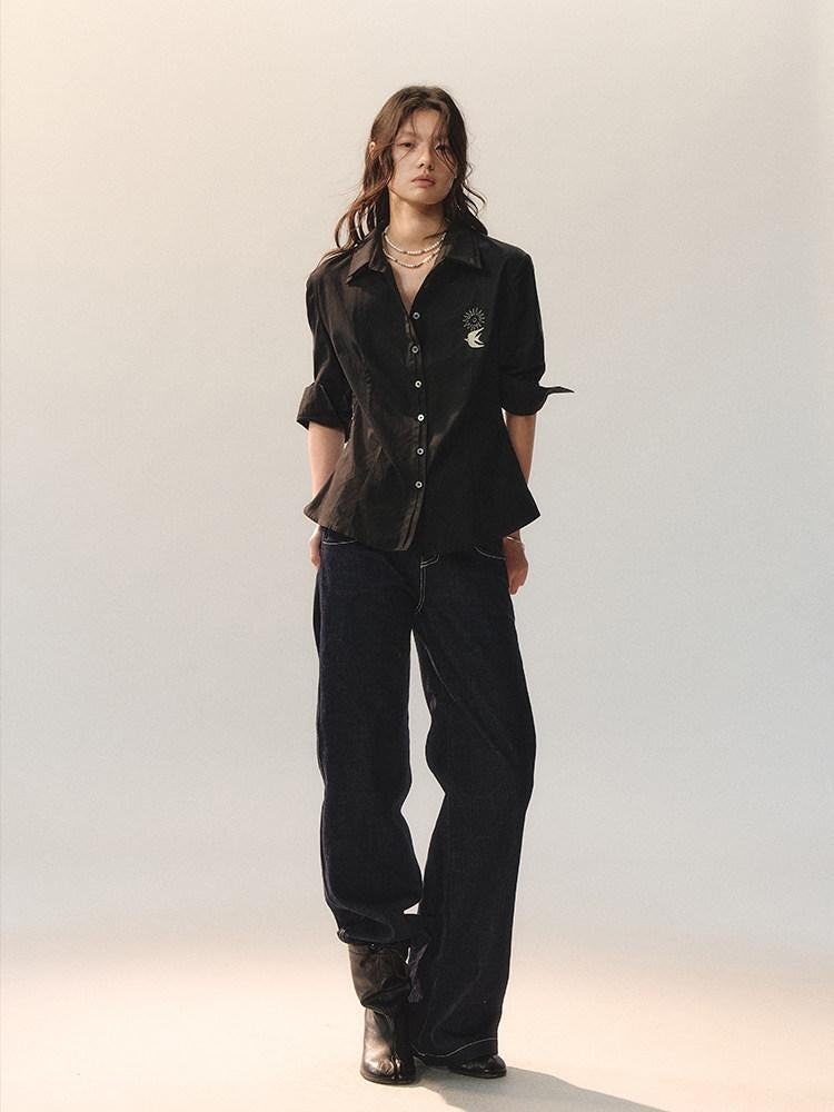 AnnoMundi Embroidered Lyocell Lace Slim Fit Double Collar Long Sleeve Women Black Blouses