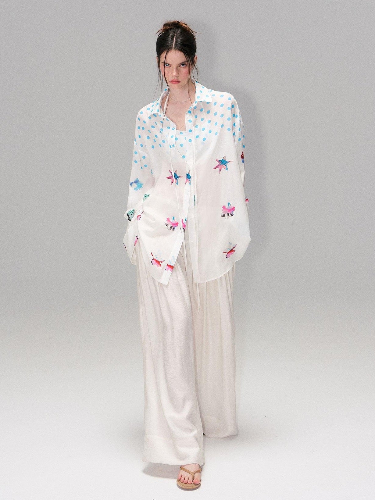 The NeverMore Soft Breathable Linen Blend Relaxed Drop Shoulder Polka Dot Long Sleeve Shirts