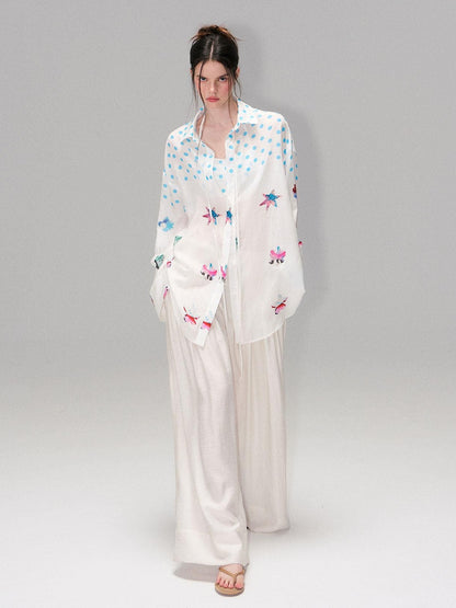 The NeverMore Soft Breathable Linen Blend Relaxed Drop Shoulder Polka Dot Long Sleeve Shirts