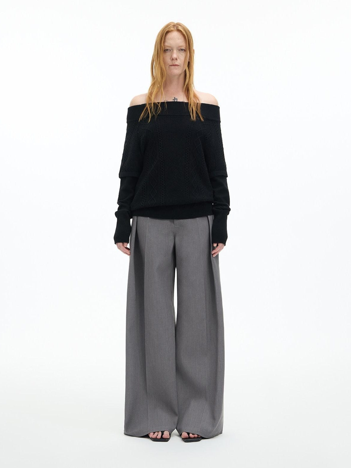 RUN TO THE FUTURE Low Rise Jacquard Minimal Casual Women Light Heather Gray Wide-Leg Pants