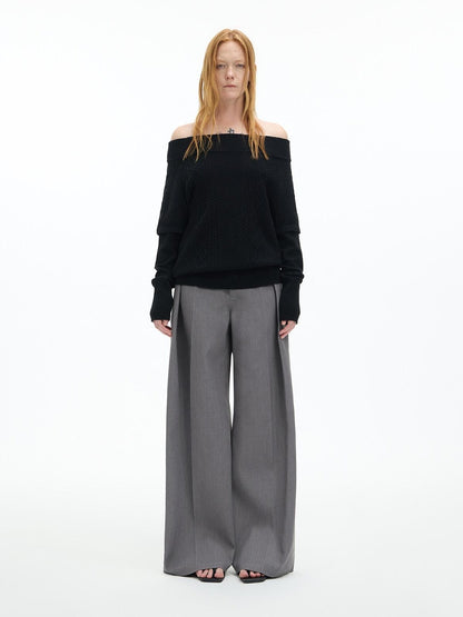 RUN TO THE FUTURE Low Rise Jacquard Minimal Casual Women Light Heather Gray Wide-Leg Pants