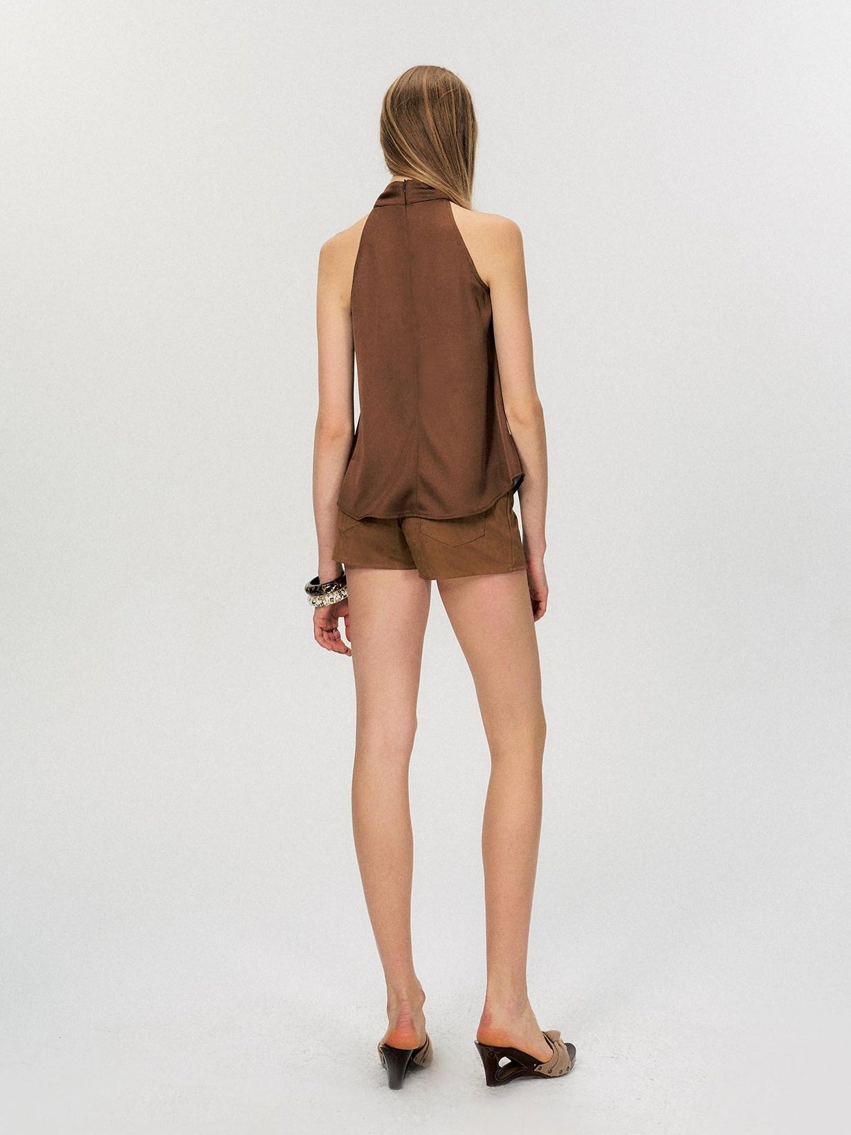 The NeverMore Silky Polyester Loose Mid Length Mock Neck Halter Women Satin Look Camisoles