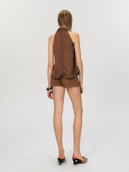 The NeverMore Silky Polyester Loose Mid Length Mock Neck Halter Women Satin Look Camisoles