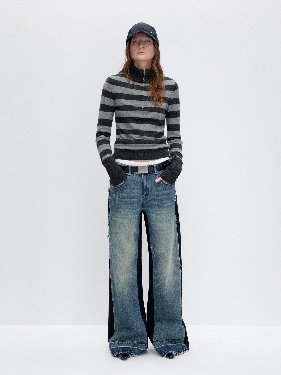 RUN TO THE FUTURE Washed Low Rise Wide Leg Loose Blue Black Denim Zipper Fly Straight Jeans