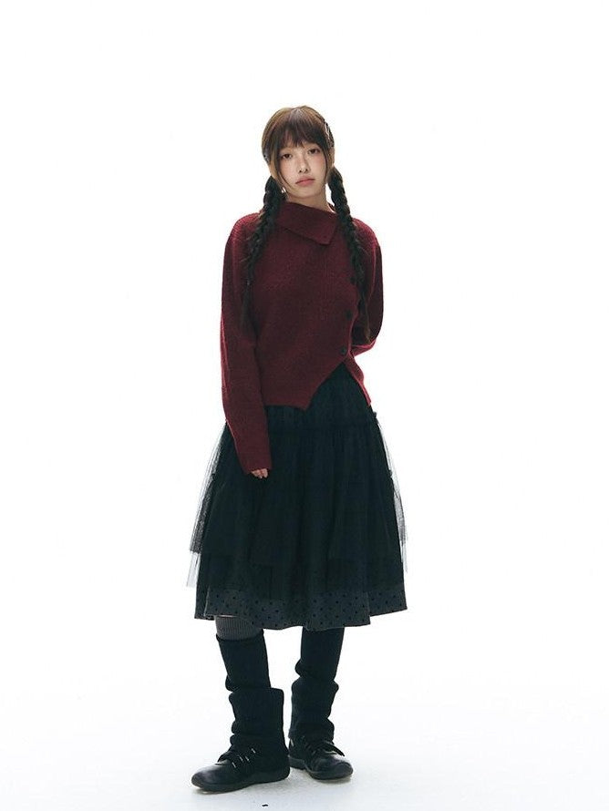 NAPSNAPS Rust Red Asymmetrical Placket Knit Mock Neck Women&