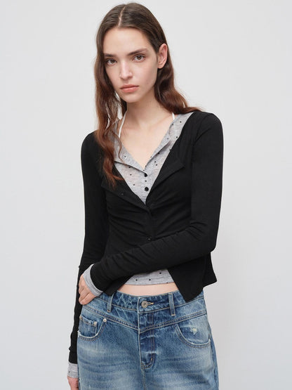 RUN TO THE FUTURE Polka Dot Knit Faux Layered Slim Fit Collared Women Casual Long Sleeve T-Shirts