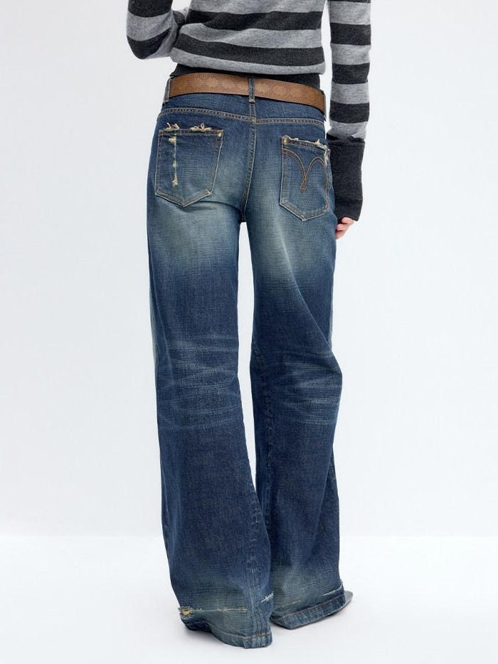 RUN TO THE FUTURE Washed Deep Navy Low Rise Loose Fit Casual Denim Wide Leg Straight Jeans