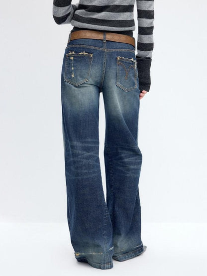RUN TO THE FUTURE Washed Deep Navy Low Rise Loose Fit Casual Denim Wide Leg Straight Jeans