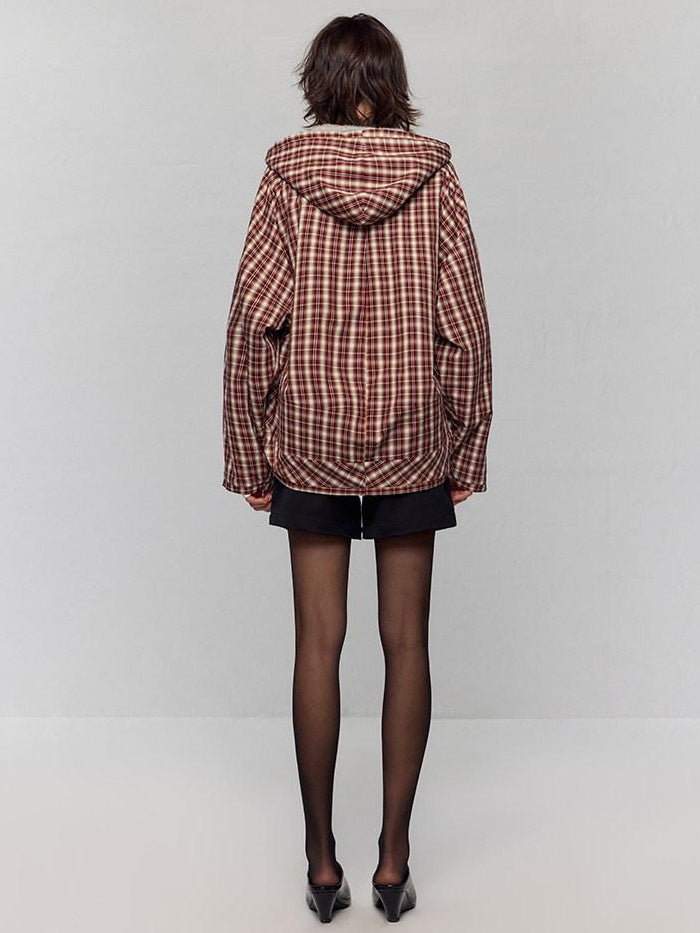 RUN TO THE FUTURE Original Design Loose Fit Contrast Plaid Pocket Zip Up Women Poly Wool Hoodies
