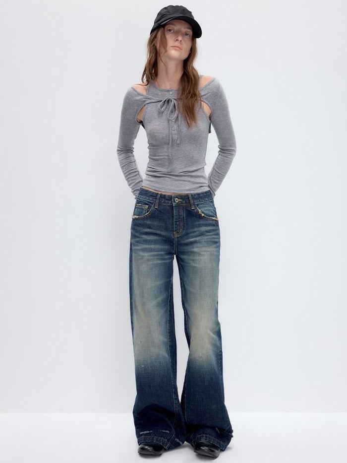 RUN TO THE FUTURE Washed Deep Navy Low Rise Loose Fit Casual Denim Wide Leg Straight Jeans