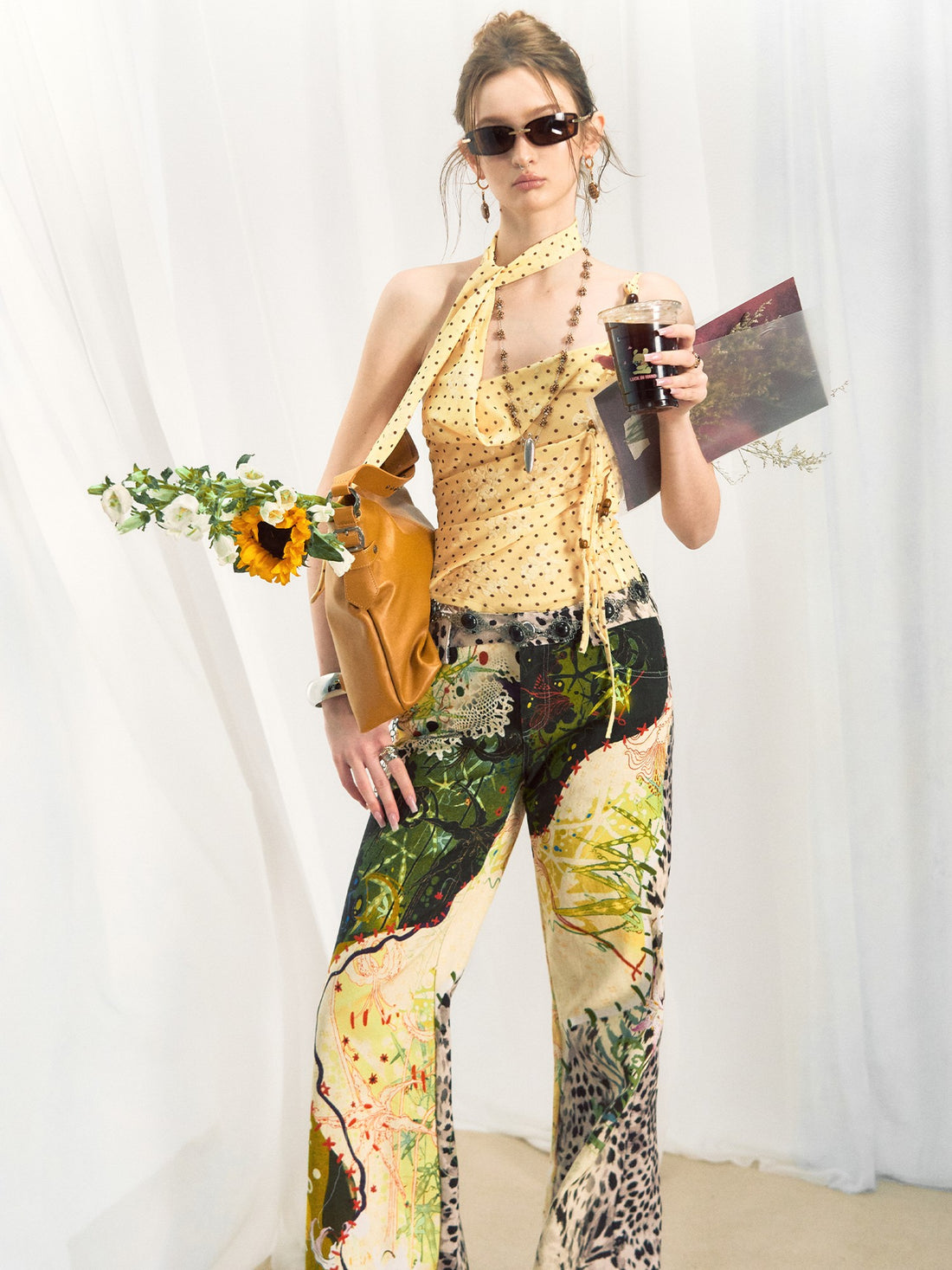 OfAkiva Yellow Polka Dot Printed Asymmetric Tassel Lapel Women&