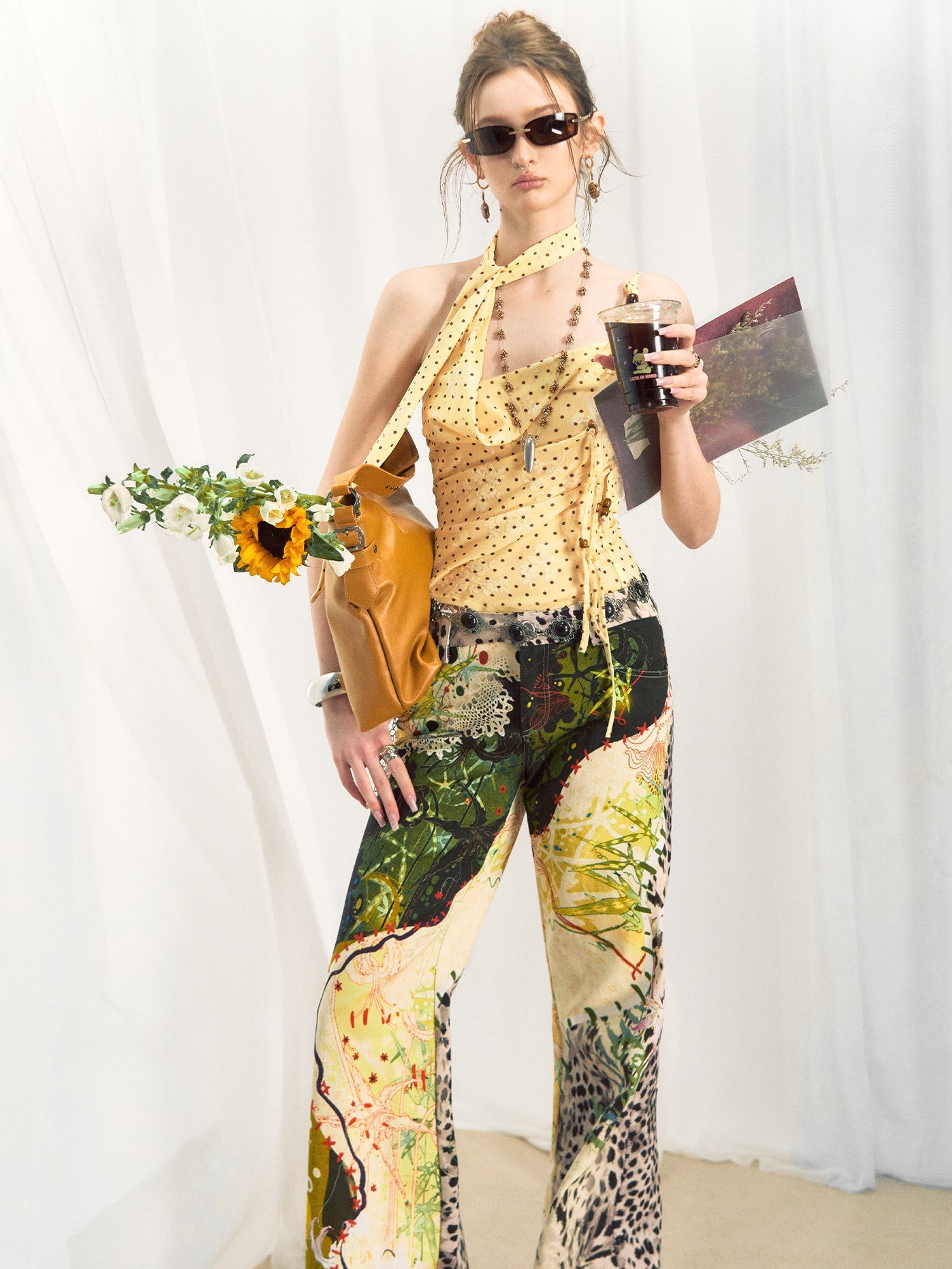 OfAkiva Yellow Polka Dot Printed Asymmetric Tassel Lapel Women&