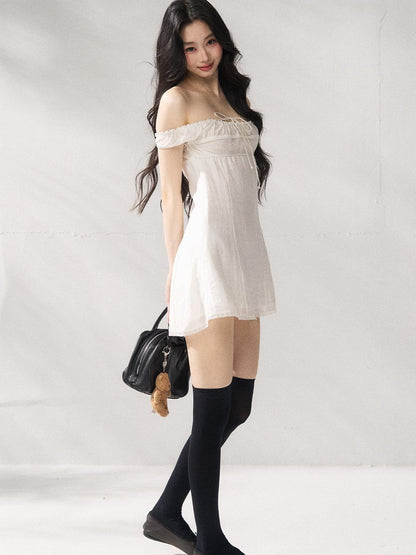 7Shiftin Cinched Tie Waist Minimalist Sleeveless A Line Women White Mini Dresses