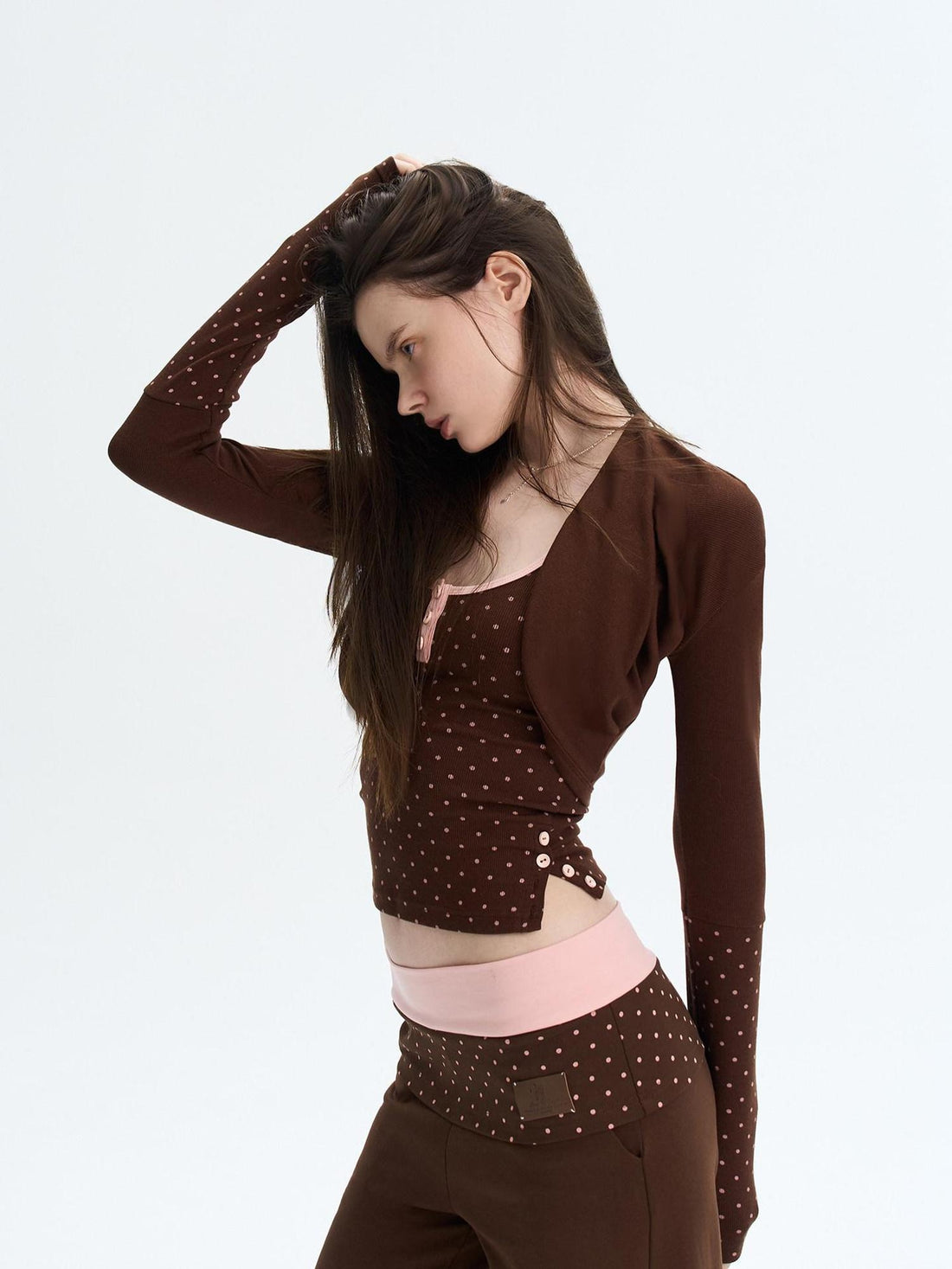 The NeverMore Polka Dot Patchwork Three Piece Long Sleeve Women Long Pants Top &amp; Pants Sets