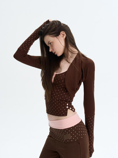 The NeverMore Polka Dot Patchwork Three Piece Long Sleeve Women Long Pants Top &amp; Pants Sets