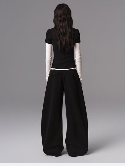 Low pixel Low Waist Dark Minimal Curved Button Fly Black Women Rayon Wide Leg Pants