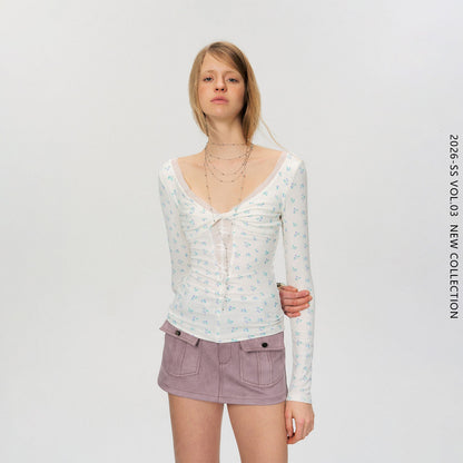 The NeverMore Sexy Mesh Floral Spliced Fitted Womens Stretch Long Sleeve Crop Tops