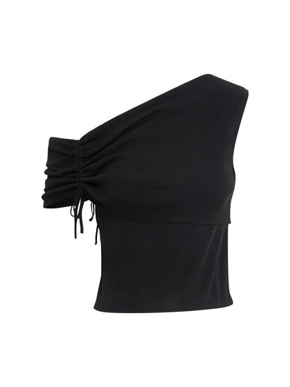 RUN TO THE FUTURE Original Asymmetric One Shoulder Slim Short Tshirt Black White Women Crop Tops