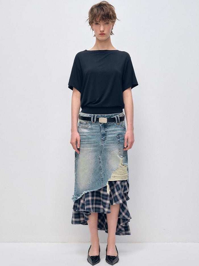 RUN TO THE FUTURE Vintage Patchwork Distressed Low Waist Slim A Line Denim Women Midi Skirts
