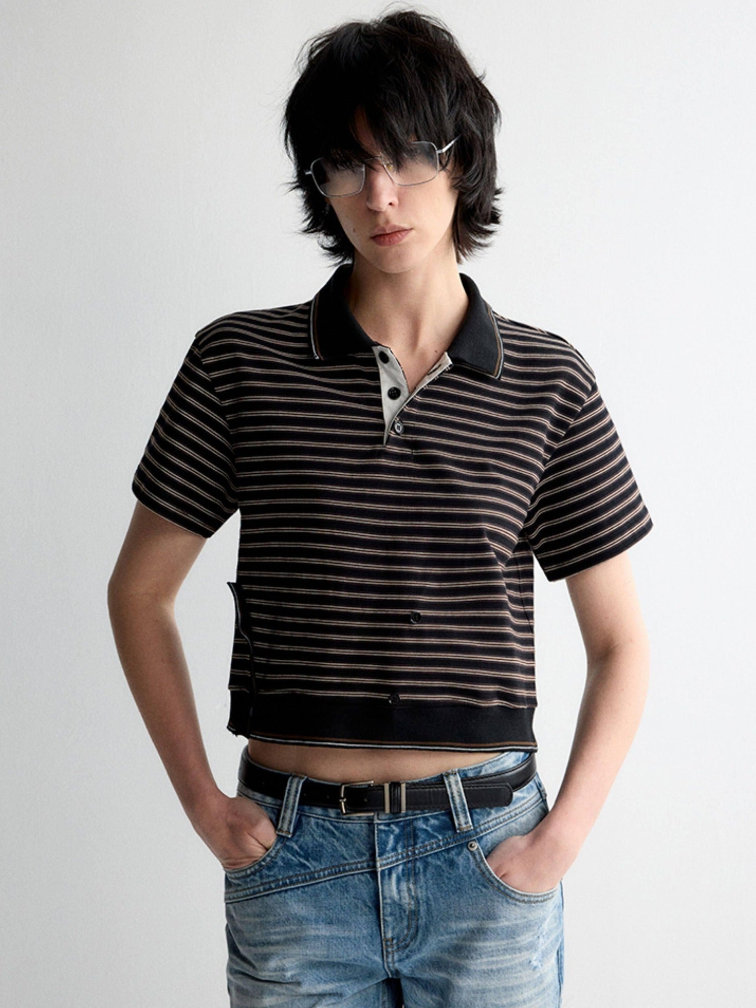 RUN TO THE FUTURE Breathable Cotton Slim Fit Asymmetric Henley Striped Low Waist Women Crop Tops