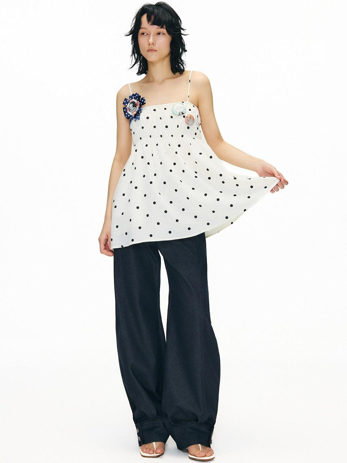 OuttheBlue Soft Cotton Loose Fit Polka Dot Spaghetti Strap Beige Slip Mini Dresses