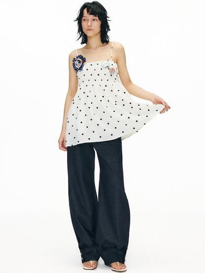 OuttheBlue Soft Cotton Loose Fit Polka Dot Spaghetti Strap Beige Slip Mini Dresses