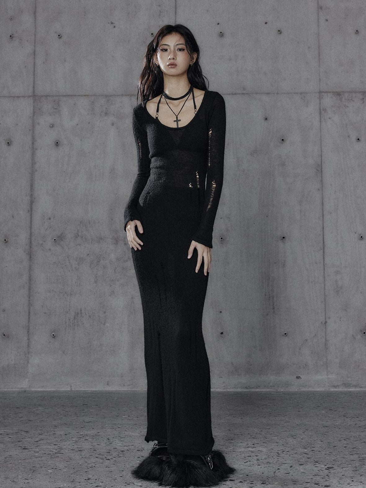 Low pixel Waist Defining Wool Knit Tassel Casual Long Sleeve Round Neck Black Maxi Dresses