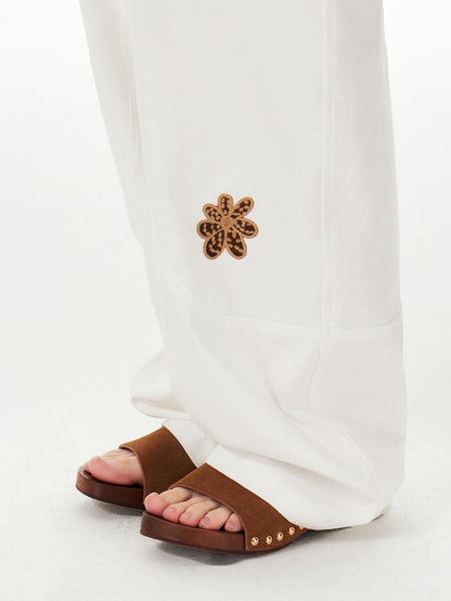 OuttheBlue Cotton Drawstring Pockets Natural Waist Workwear Long White Wide Leg Pants