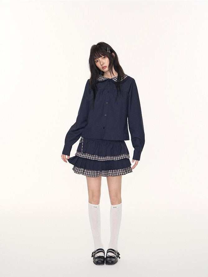 NAPSNAPS Navy Plaid Patchwork Doll Collar Faux Two Piece Women&