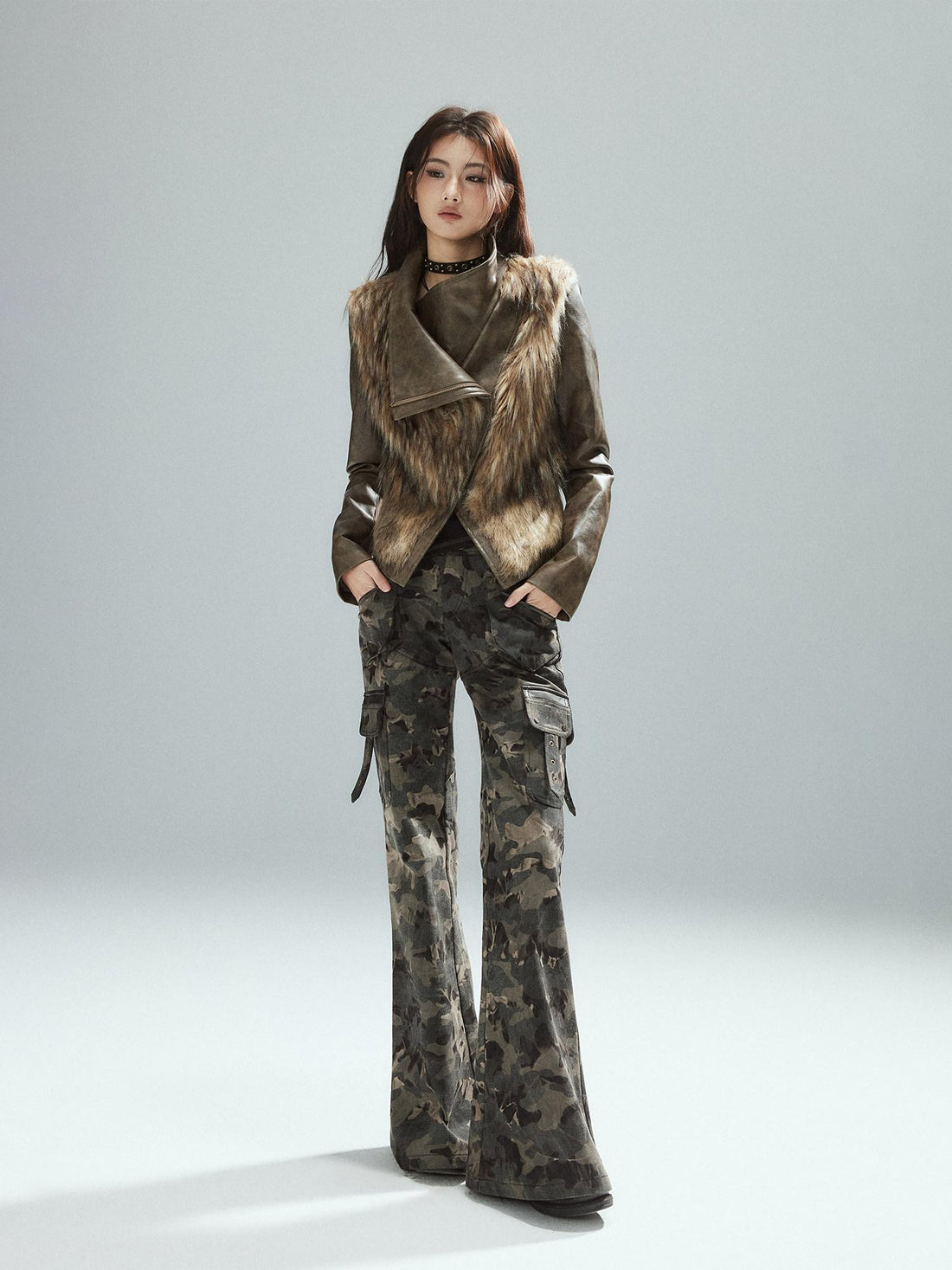 Low pixel Thick Waist Cinch Patchwork Street Style Women Brown Zipper Lapel Cropped Jackets