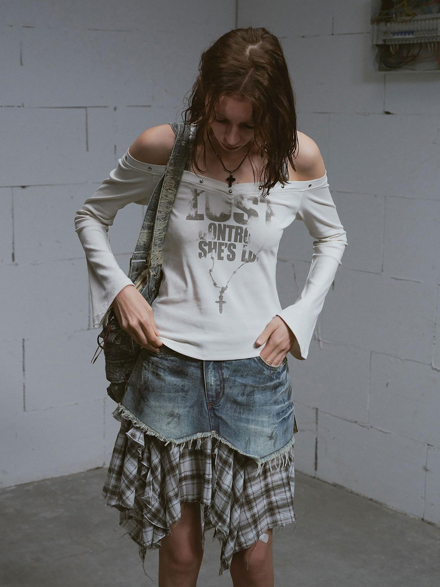 Cest Nous Washed Deconstructed Plaid Patchwork Asymmetric Women&