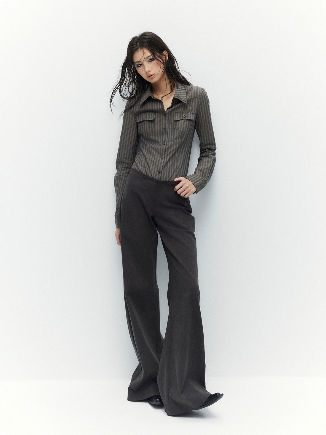 Low pixel Breathable Cotton Vintage Fitted Striped Button Long Sleeve Women Shirts
