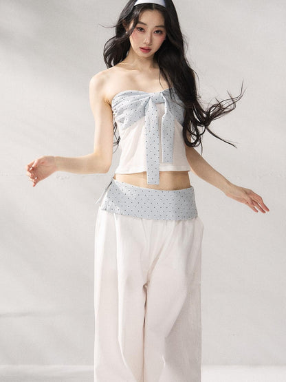 7Shiftin Polka Dot Bow Cropped Three Piece High Waist Sleeveless Women Top &amp; Pants Sets