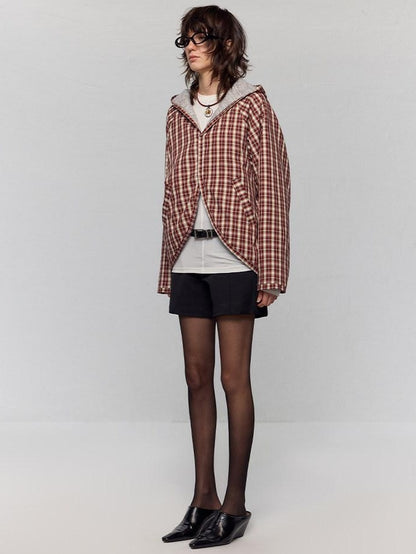RUN TO THE FUTURE Original Design Loose Fit Contrast Plaid Pocket Zip Up Women Poly Wool Hoodies