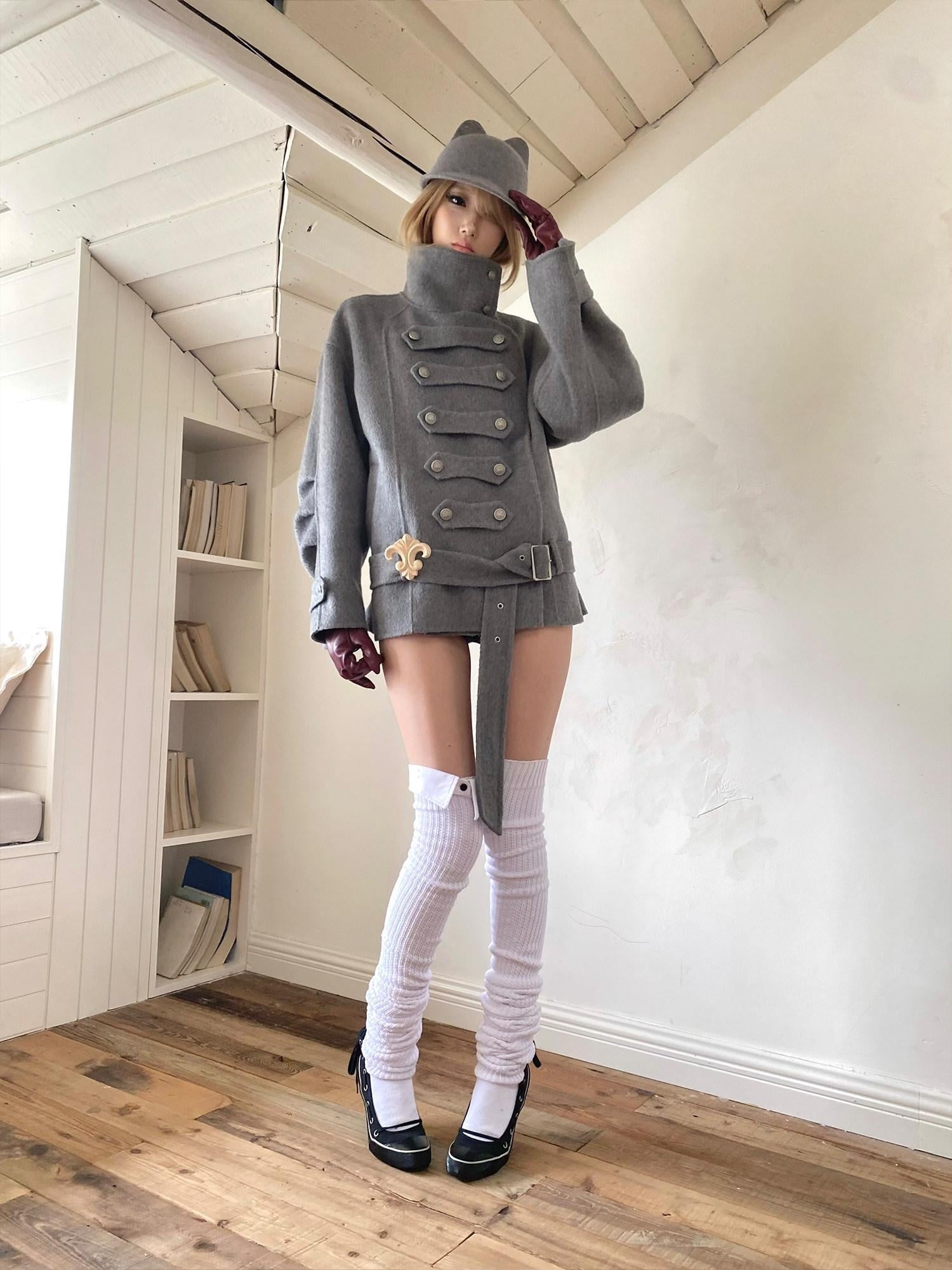 nit alcove Warm Wool Blend Pleated Biker Collar Unisex Double Breasted Cropped Wool Coats
