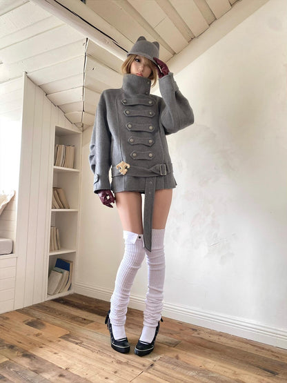 nit alcove Warm Wool Blend Pleated Biker Collar Unisex Double Breasted Cropped Wool Coats