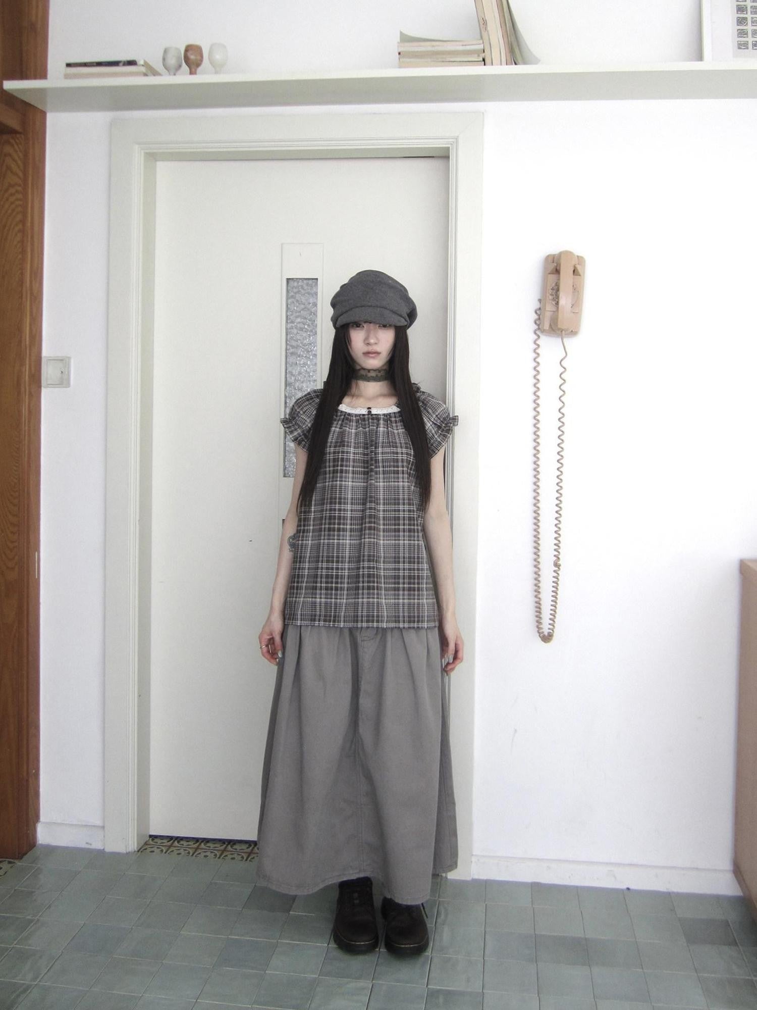 ang project Brown Plaid Patchwork Lace Trim Puff Sleeve Women&