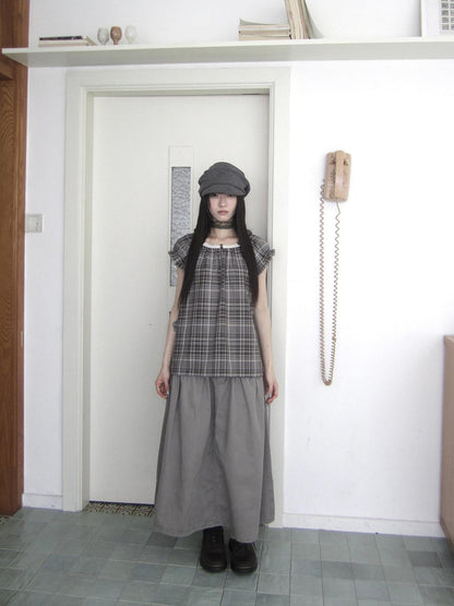 ang project Brown Plaid Patchwork Lace Trim Puff Sleeve Women&