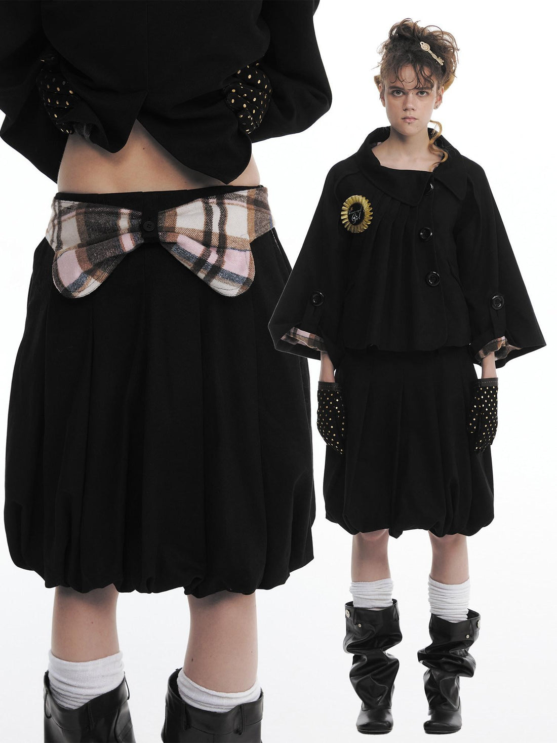 nit alcove Cute Bow Plaid Cropped Lapel Top High Waist Skirt Unisex Top &amp; Skirt Sets
