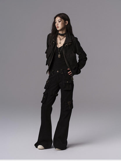 Low pixel Dark Gothic Flared Mid Rise Pocketed Cotton Zip Fly Women Black Cargo Pants