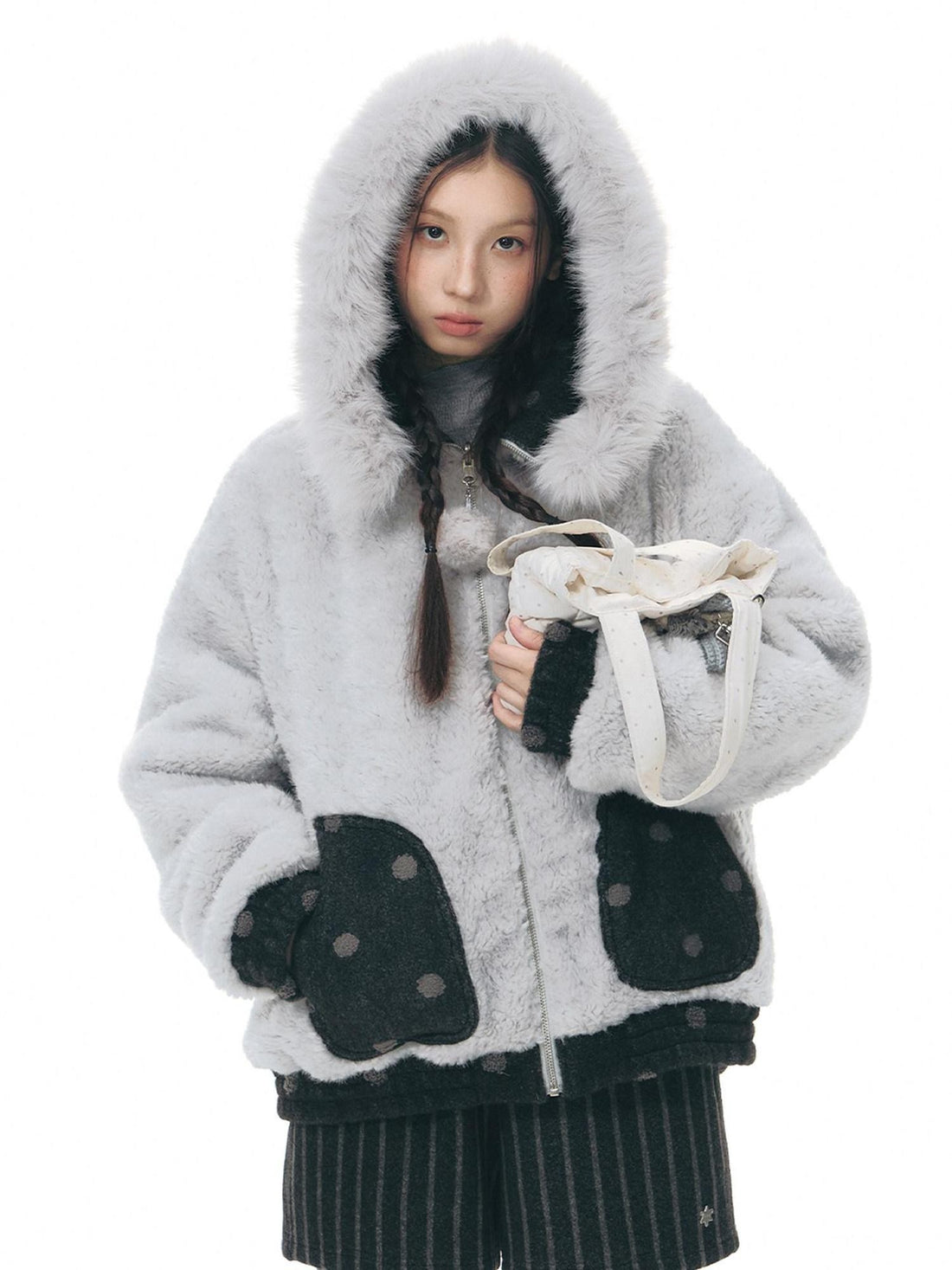 NAPSNAPS Black Polka Dot Reversible Patchwork Hooded Women&