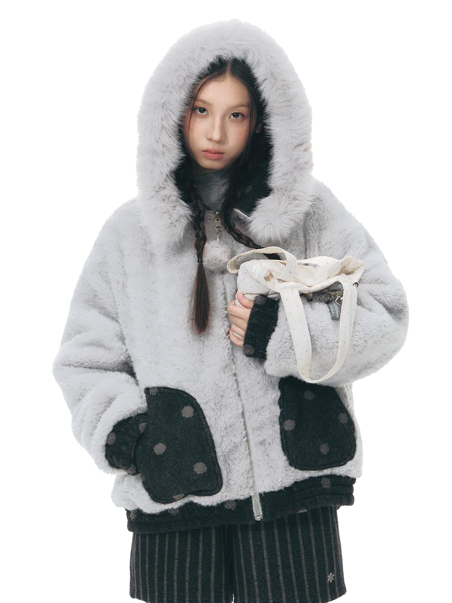 NAPSNAPS Black Polka Dot Reversible Patchwork Hooded Women&